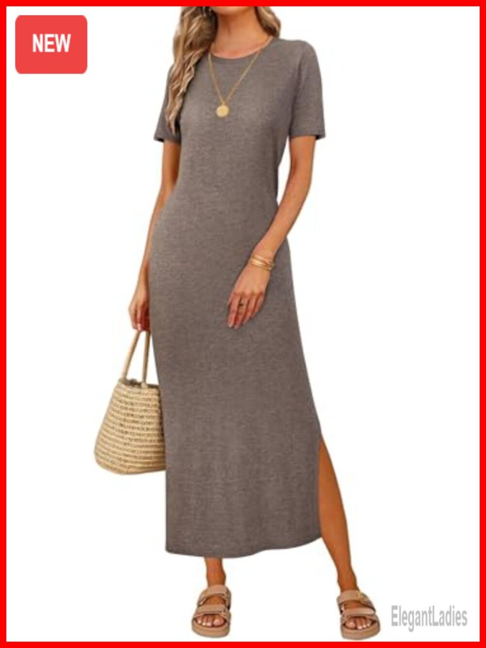 Wool Blend Short Sleeve T Shirt Maxi Dress Crew Neck Loose Fit Casual